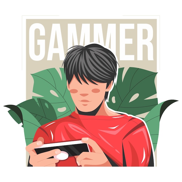 Vector man playing game on smart phone flat vector illustration