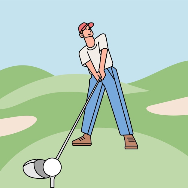 Man playing golf on the course line style illustration