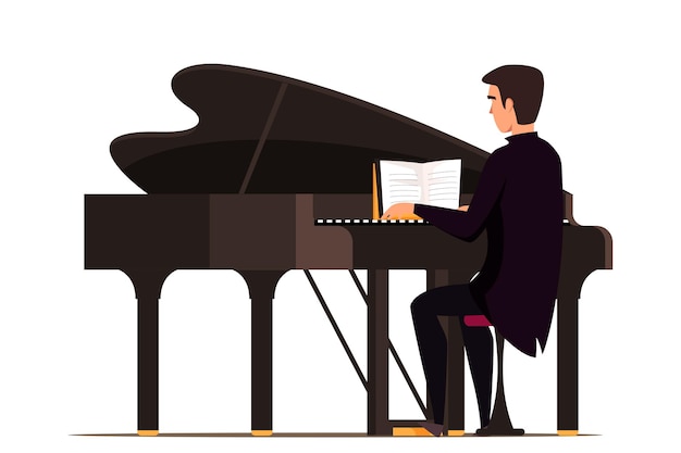 흰색 배경에 고립 된 키보드 악기 만화 캐릭터와 함께 그랜드 피아노 음악가를 연주하는 남자 피아노에 앉아 라이브 음악 콘서트 피아니스트