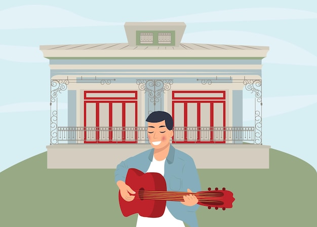 Vector man playing guitar in front of house premium vector