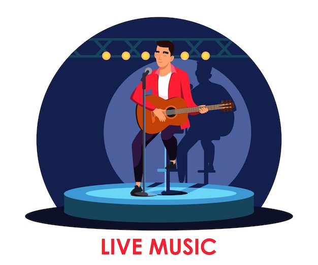 Vector man playing guitar live sound music on stage guitarist artist with musical string instrument performing rock roll or lyric ballade song