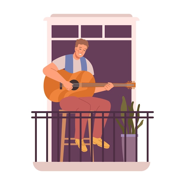 Man playing guitar sitting on balcony