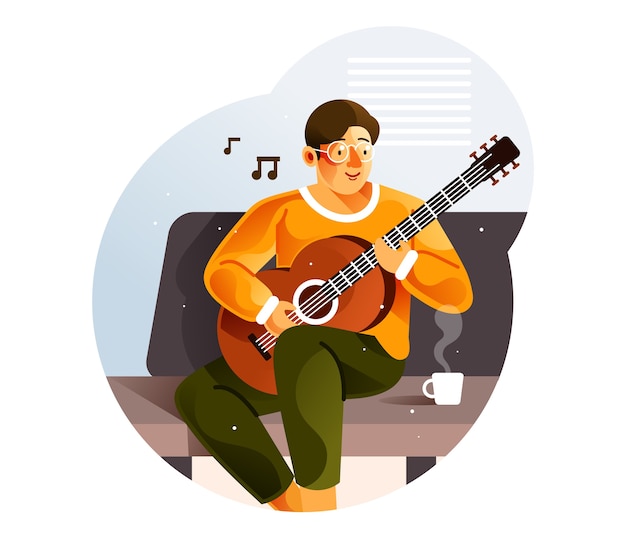 Vector man playing guitar while sitting on sofa