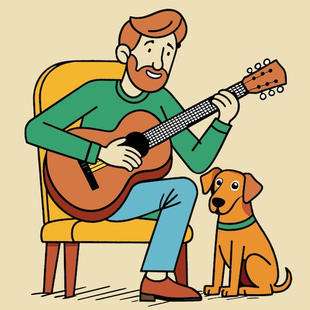 Vector a man playing guitar with a dog and a dog