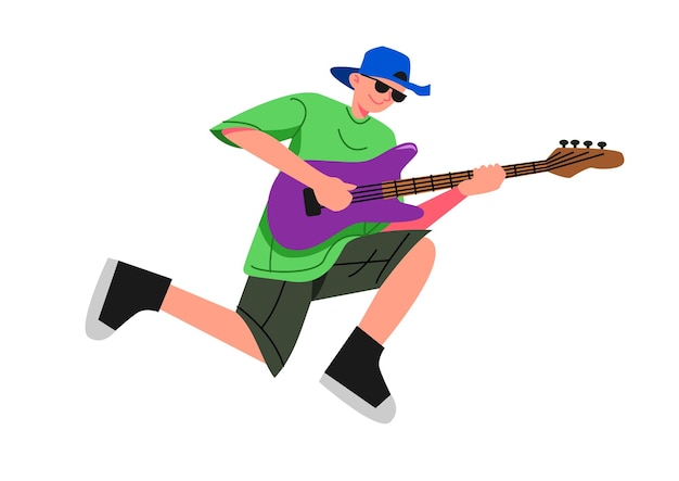 A man playing a guitar with a green hat and sunglasses.