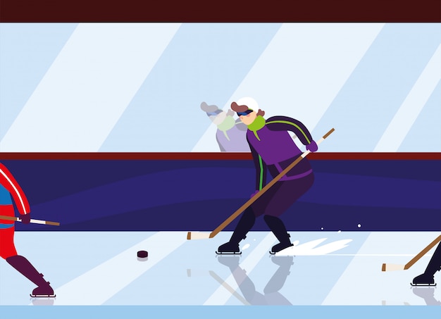 Vector man playing hockey, hockey player with hockey stick, ice hockey puck