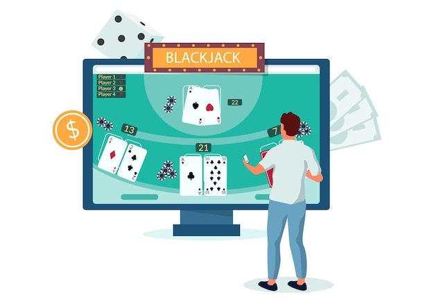 Vector man playing internet blackjack game using laptop computer, flat vector illustration. online casino gambling. entertainment. casino business.