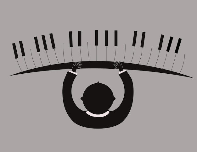 a man playing a keyboard on a gray background.