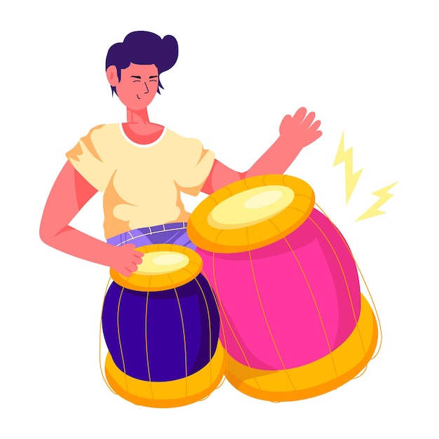 Vector a man playing a maracas with a pink and yellow drum.