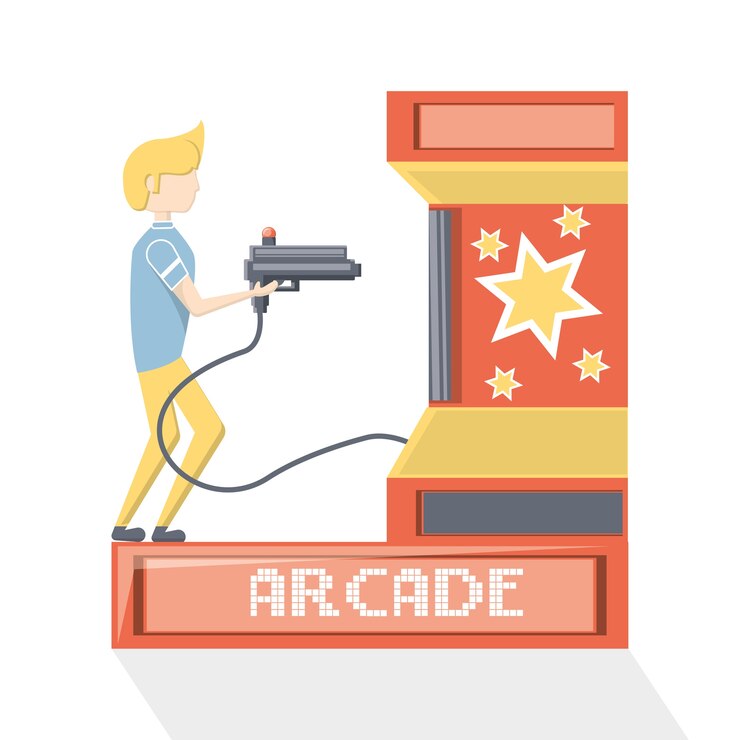 Vector man playing on shooting arcade machine icon 