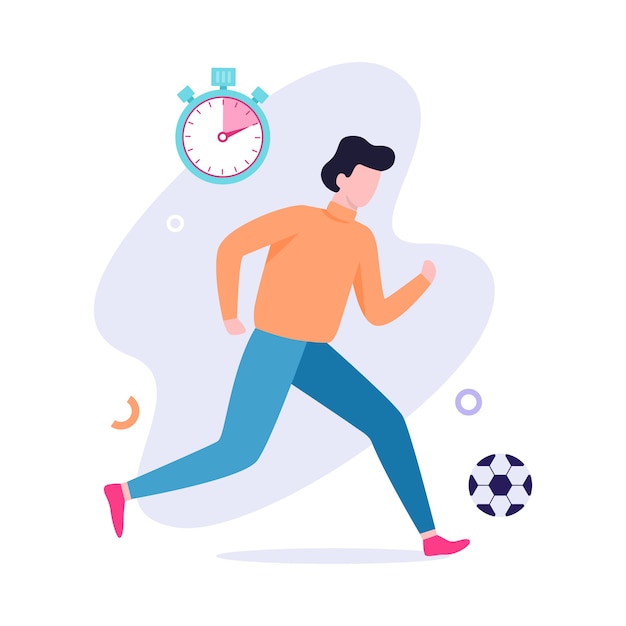 Vector man playing soccer. football ball, active lifestyle. sport game and young adult.   illustration