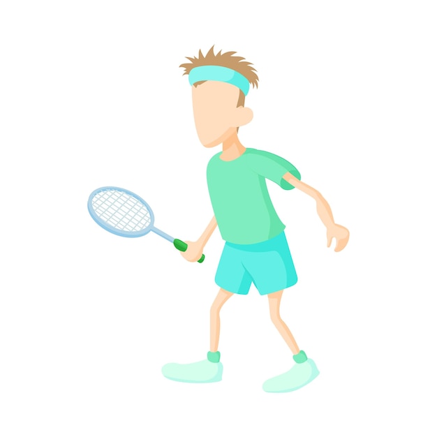 Man playing tennis icon in cartoon style on a white background