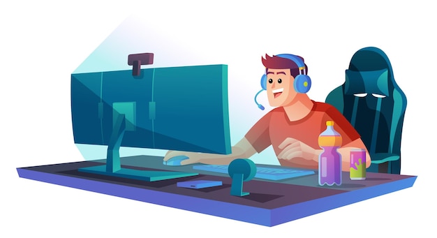 Vector man playing video game on the computer concept illustration