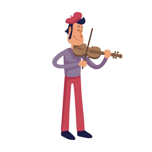 Man playing violin flat cartoon  illustration. Elegant frenchman, stylish street musician.  