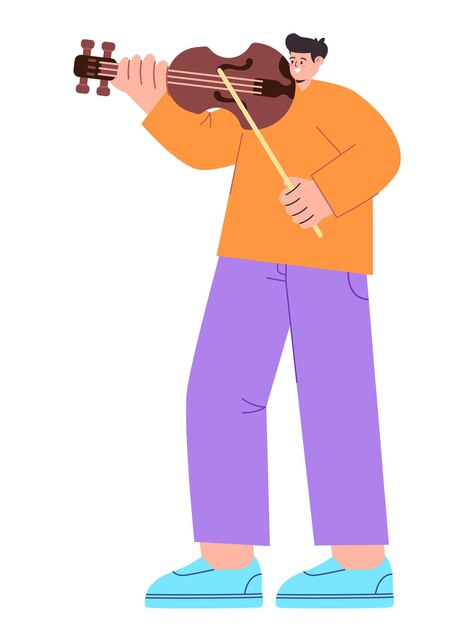 Man playing violin music instrument violinist alone drawing flat colorful illustration young performance cartoon