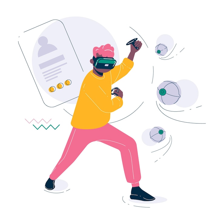 Vector man playing virtual reality game. vector illustration