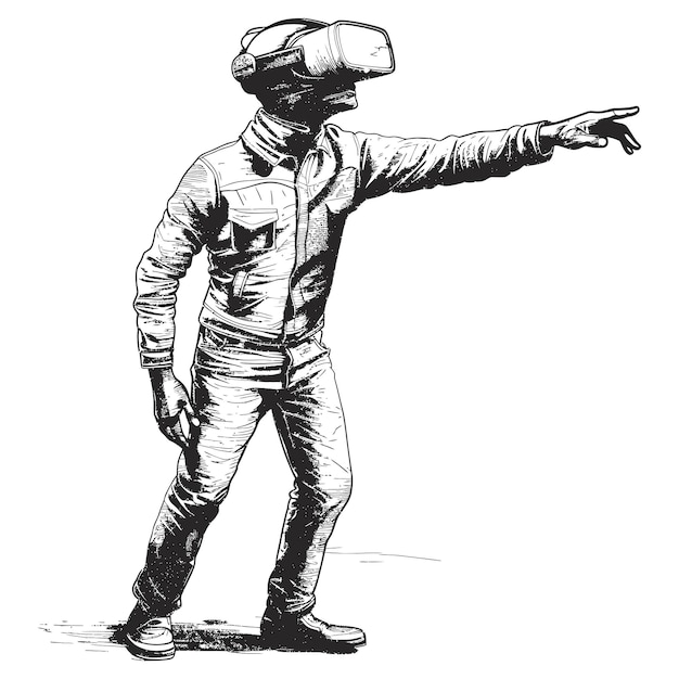 Человек играет в гарнитуру виртуальной реальности с гравировкой в стиле только черный цвет