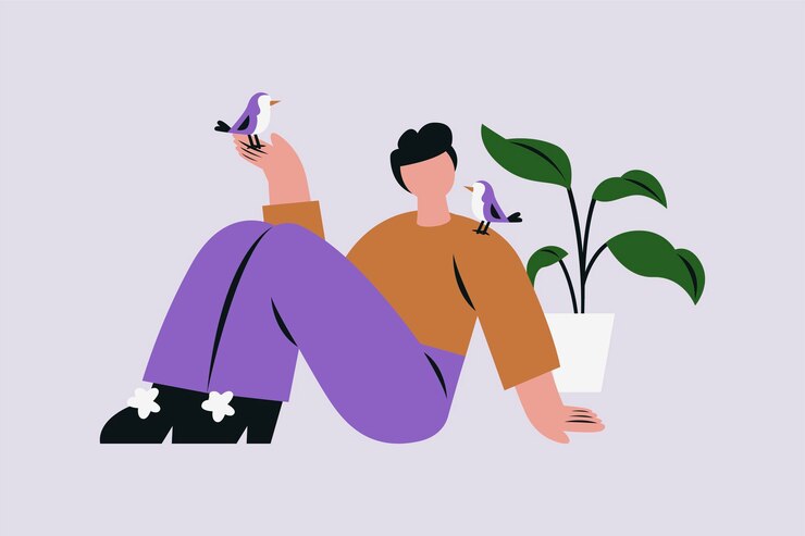 Man Playing with Birds Vector Illustration