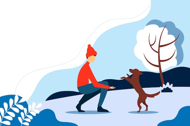 Man playing with a dog in the park. Concept illustration of outdoor recreation. Vector illustration