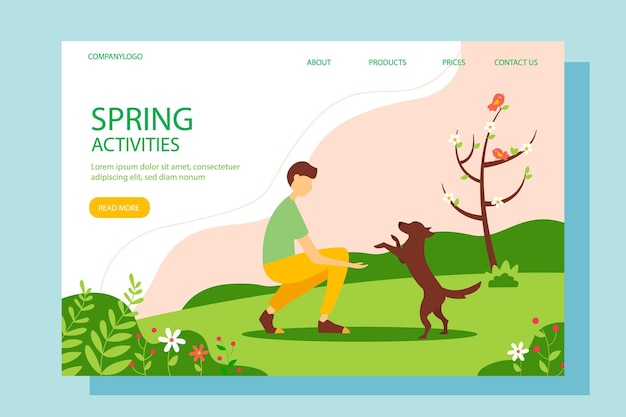 Man playing with a dog in the park. Landing page template. Vector illustration.