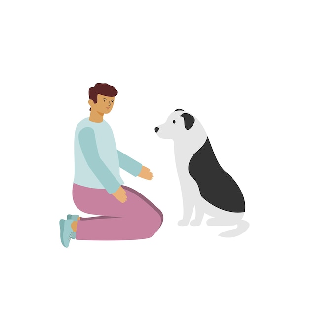 Vector man playing with a dog