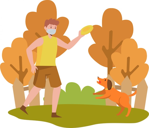 Vector a man playing with his dog outside in autumn season while keep using medical mask