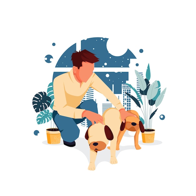 Vector man playing with pet dogs