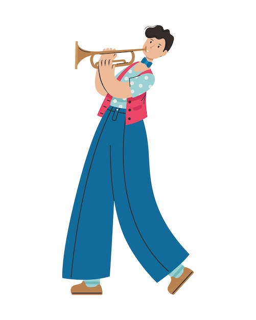 Vector a man plays a melody on a trumpet. creative profession.