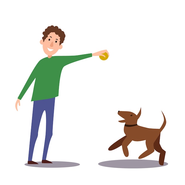 A man plays with his pet dog while assembling a ball game scene. vector illustration.