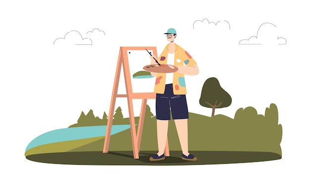 Vector man plein air painter drawing, male artist painting landscape outdoors in open air