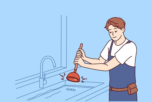 Man plumber is dressed in overalls uses plunger to clear blockage in sink in kitchen or bathroom