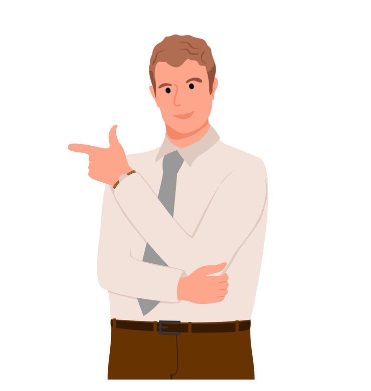 Vector man pointing away and showing or presenting something man shows the direction with his finger flat character  illustration