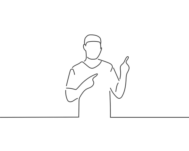 Man pointing fingers at upper right corner line drawing or continuous one line illustration