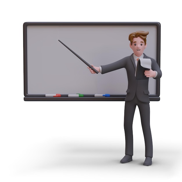 Vector man points to empty blackboard and reads text from notebook public speaking presentation