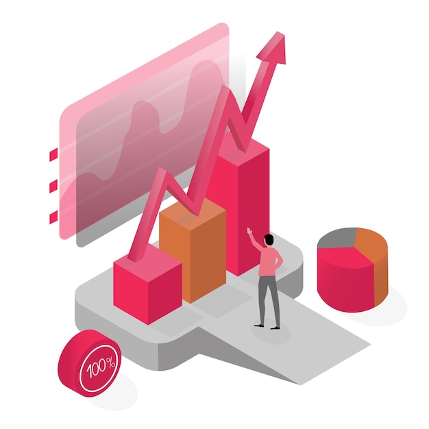 The man points to the grown graph Business 3d isometric illustration
