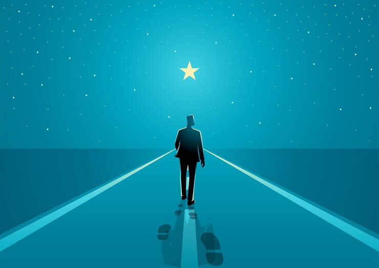 Vector man points to the star and leads his friends to follow him on his way forward