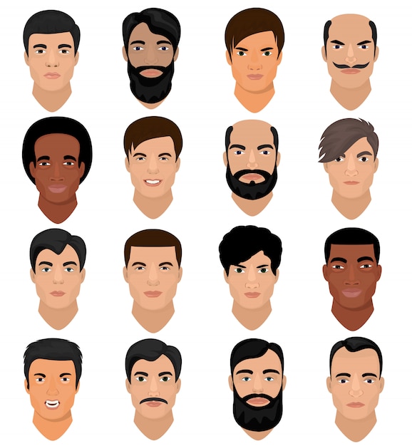 Vector man portrait vector male character face of boy with hairstyle and cartoon manlike person with various skin tone and beard illustration set of masculine facial features isolated on white space