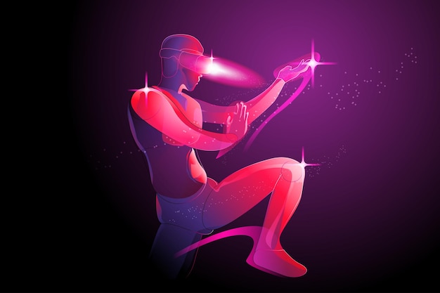 The man posing prepare to fight, by wearing virtual reality machine (VR), imagination to fight someone in digital world, tai chi, kung fu, karate, taekwondo, jujutsu, vector illustration in violet.