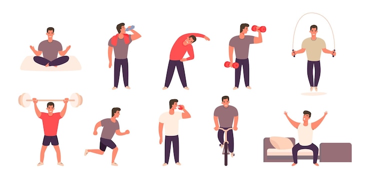 Vector man practicing different sports and physical activities.