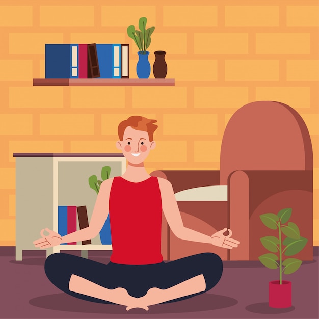 man practicing yoga in the house
