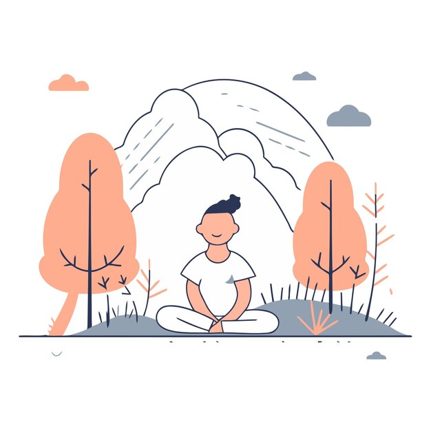 Vector man practicing yoga in the park outline flat vector illustration