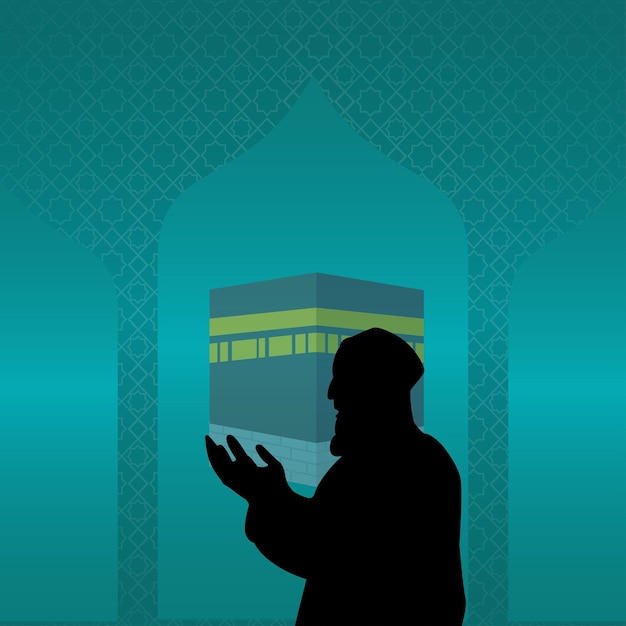 Vector man praying in front of holy kaaba in mecca saudi arabia