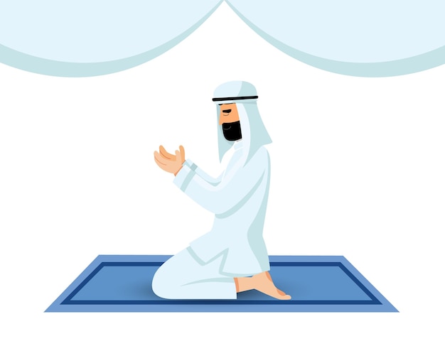 Man praying on his knees, communicating with God, with eyes closed. Ramadan Kareem,