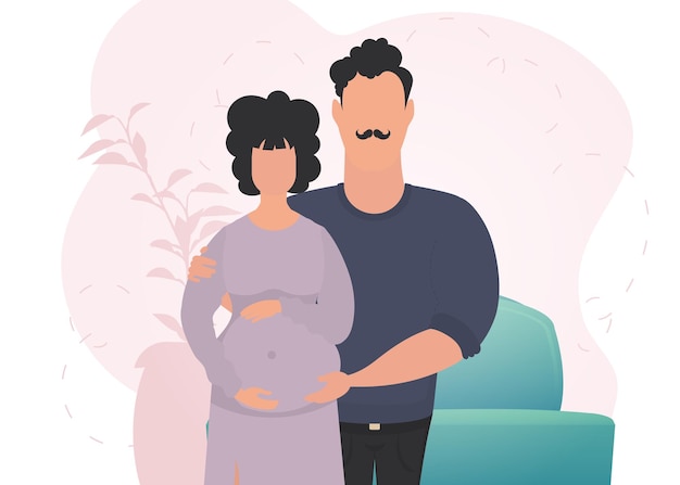 Vettore uomo e donna incinta banner sul tema la giovane famiglia attende la nascita di un bambino gravidanza positiva e consapevole illustrazione vettoriale