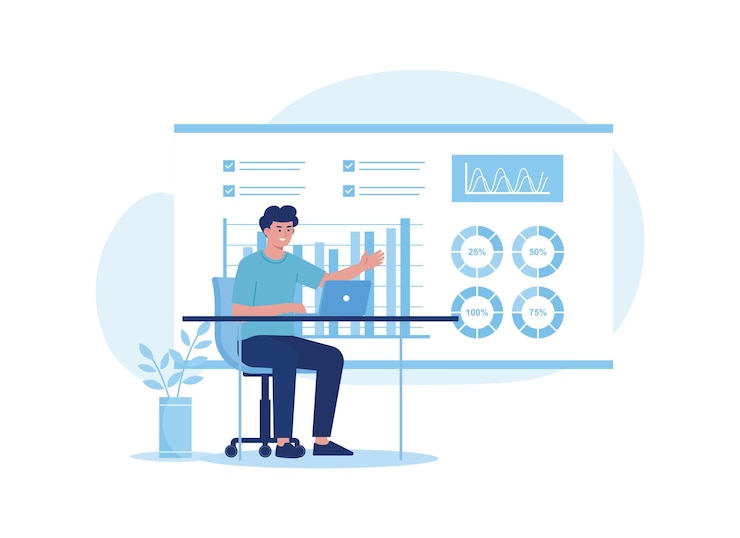 Vector a man presenting growth charts trending flat illustration