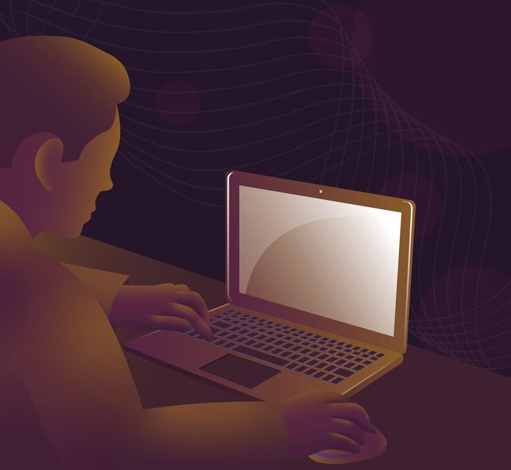 Vector a man presses the keys on the laptop and controls the mouse vector illustration