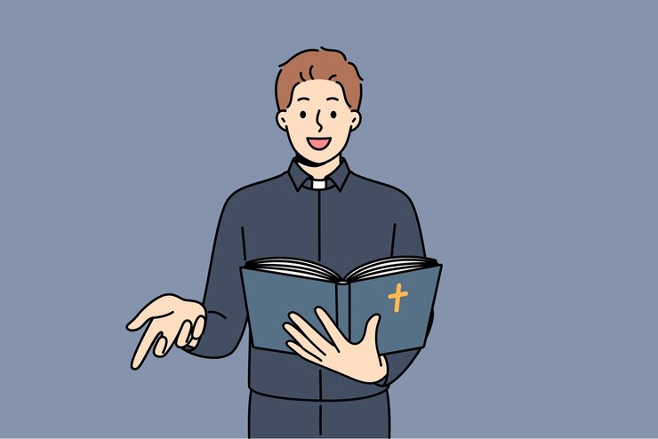 Vector 남자 사제 는 성서 를 읽고 그리스도인 이나 가톨릭 종교 를 받아들이도록 사람 들 에게 호소 하는 몸짓 을 한다