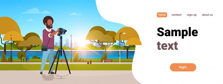 Vector man professional photographer taking photo   guy using dslr camera on tripod city urban park landscape background horizontal full length  copy space
