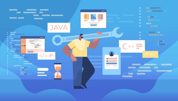 Vector man programmer holding wrench developer optimizes software engineering coding programming testing code concept horizontal full length vector illustration