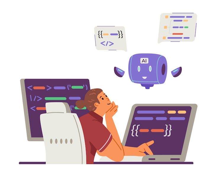 Vector man programmer interacting with artificial intelligence for code generation and editing